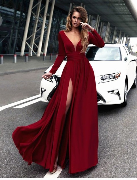 Gorgeous Burgundy Long Prom Dresses, Long Sleeves Prom
