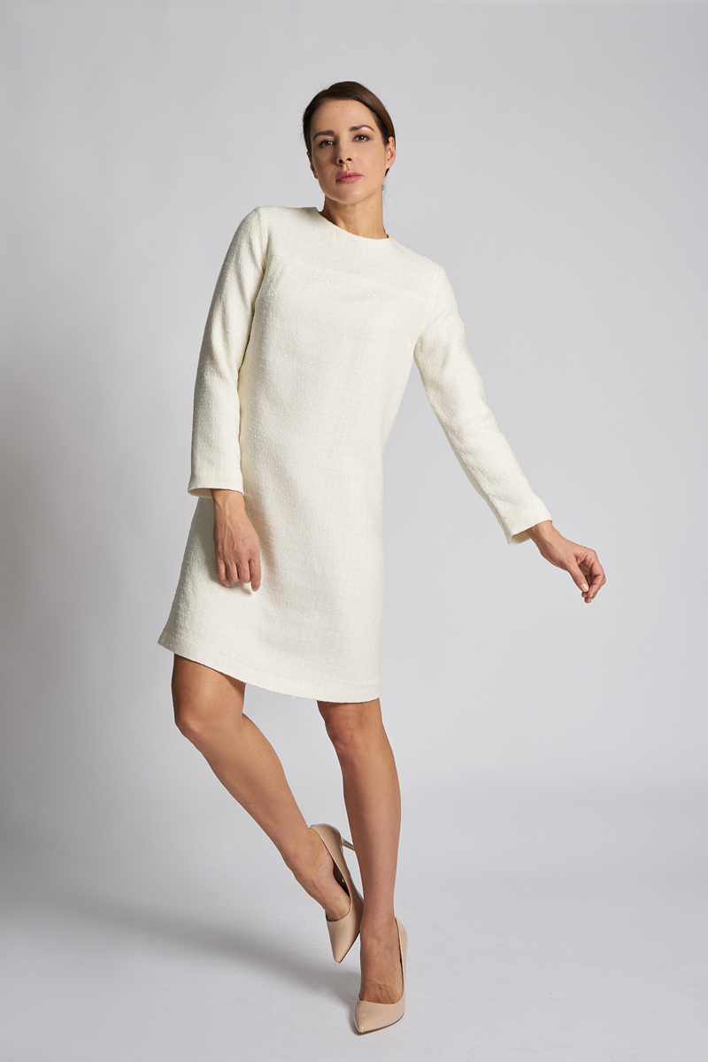 white shift dress with sleeves