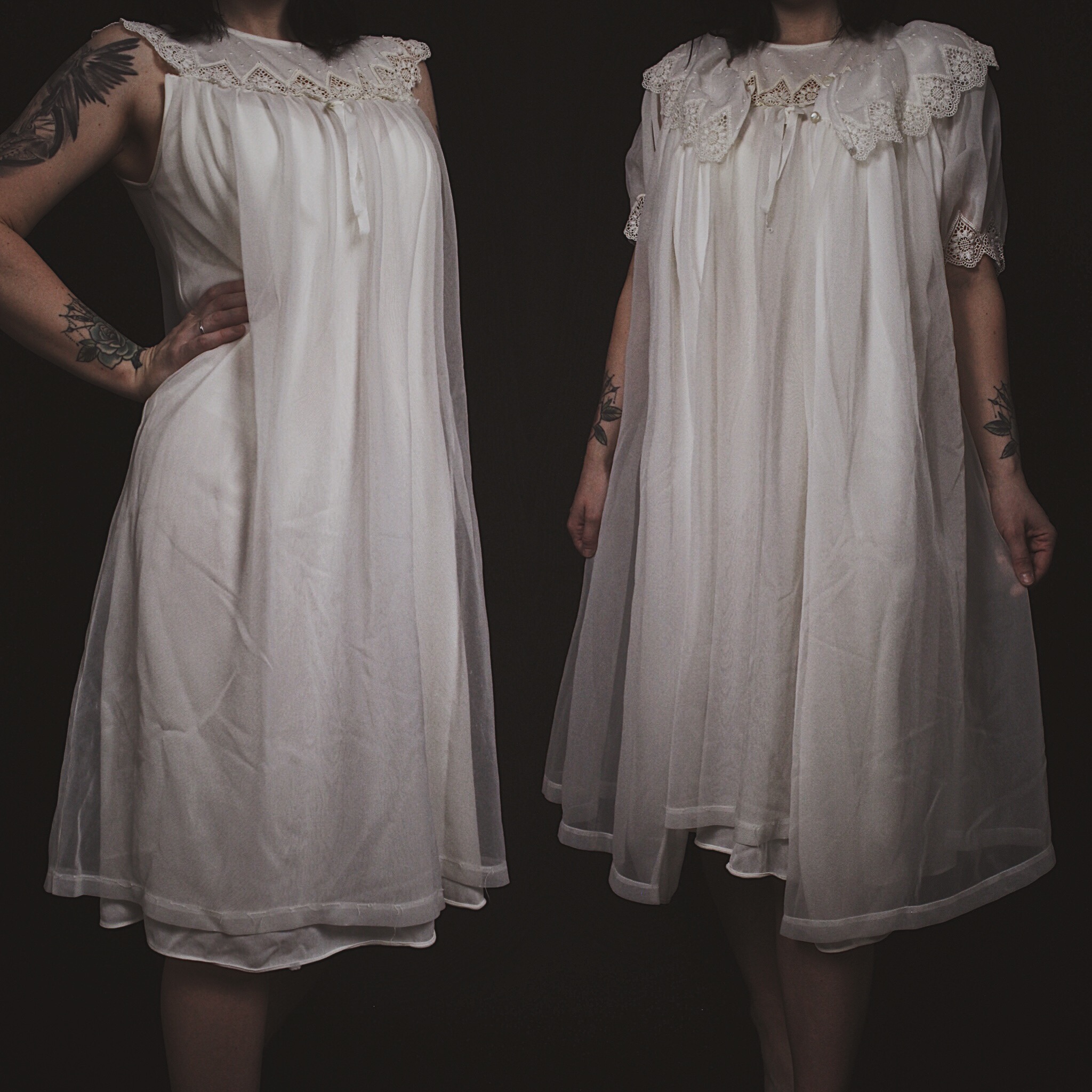 RESERVED FOR EV Vintage 60s Ivory Chiffon Babydoll Nightie & Robe Set