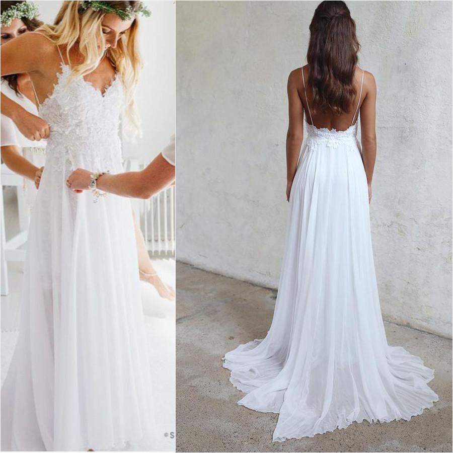 Spaghetti Straps Boho Wedding  Dresses  Lace Summer Beach  