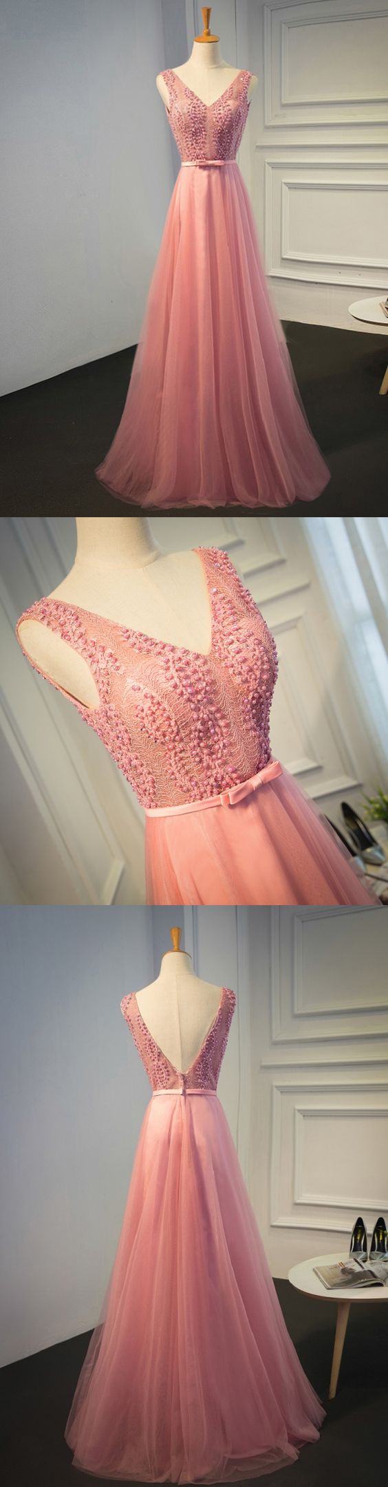 Pink Prom Dress Vneck Floorlength Lace Beading Long Prom Dress/Evening Dress · loverlovebridal