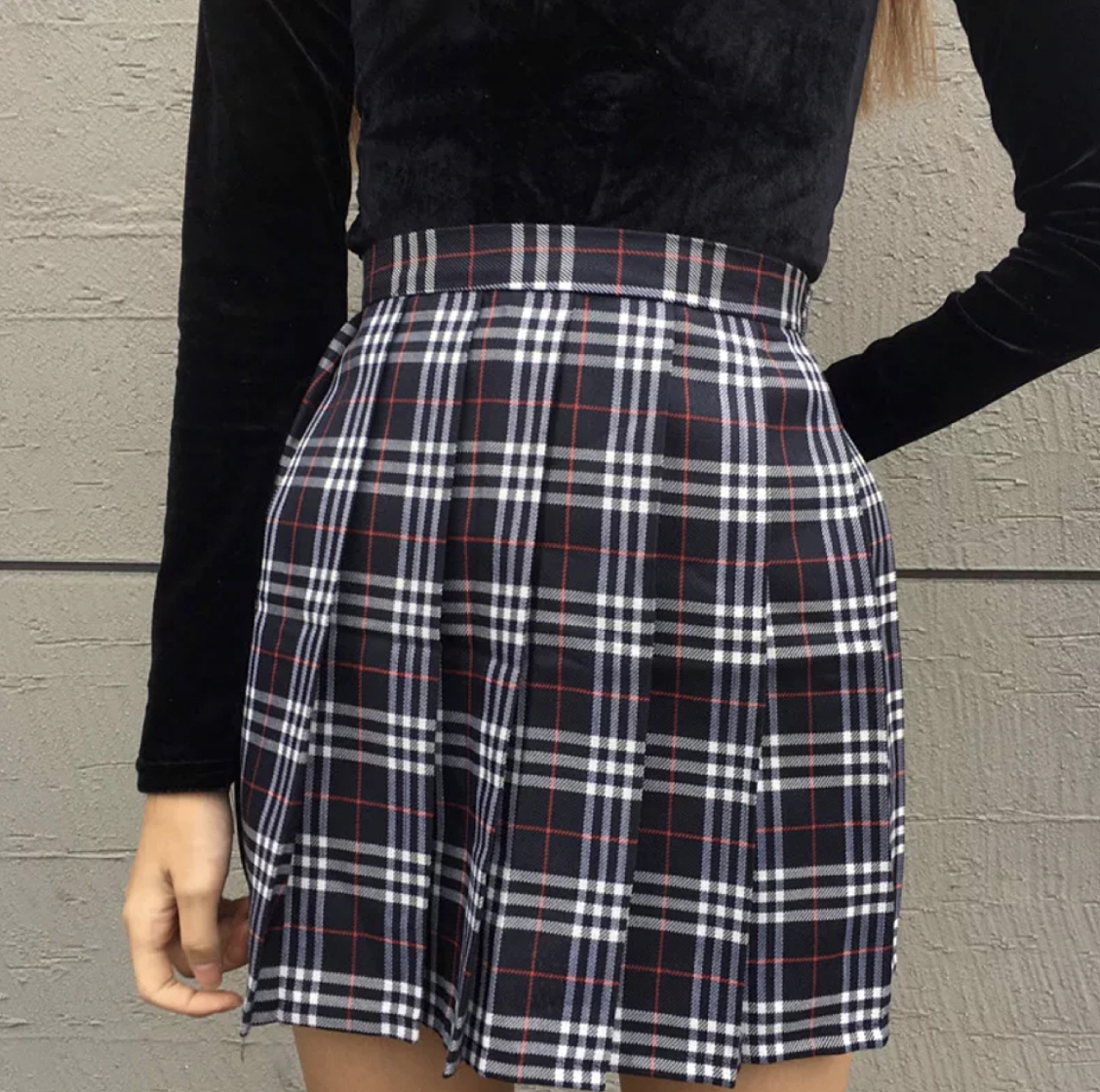 blue check pleated skirt