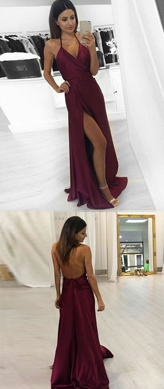 burgundy prom dress with slit
