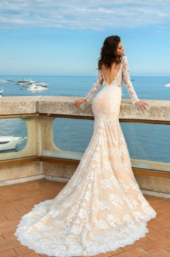 Champagne Long Sleeve Wedding Dress with Ivory Lace ...