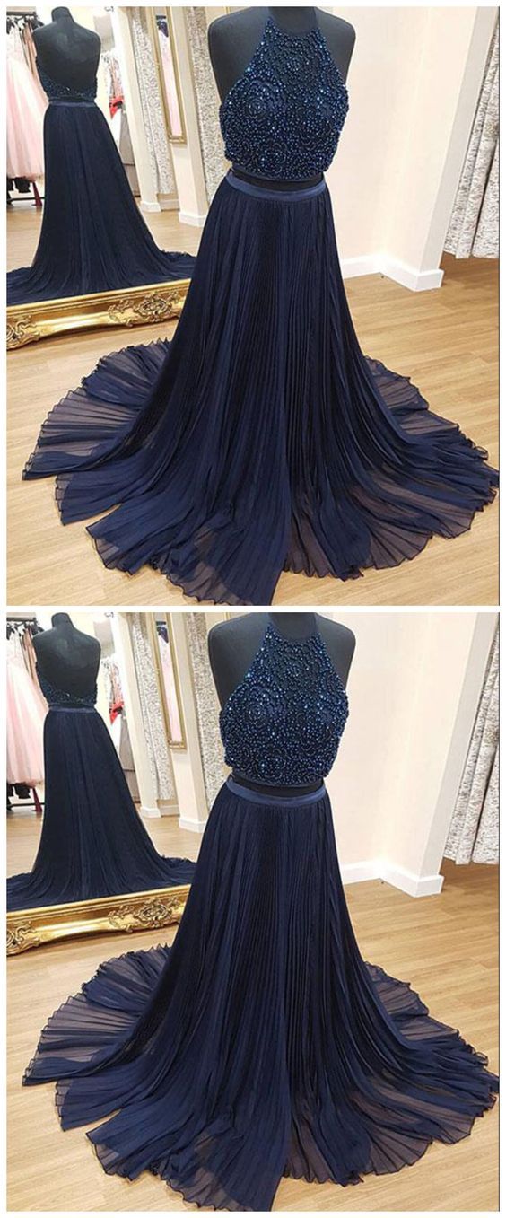navy blue two piece prom dress
