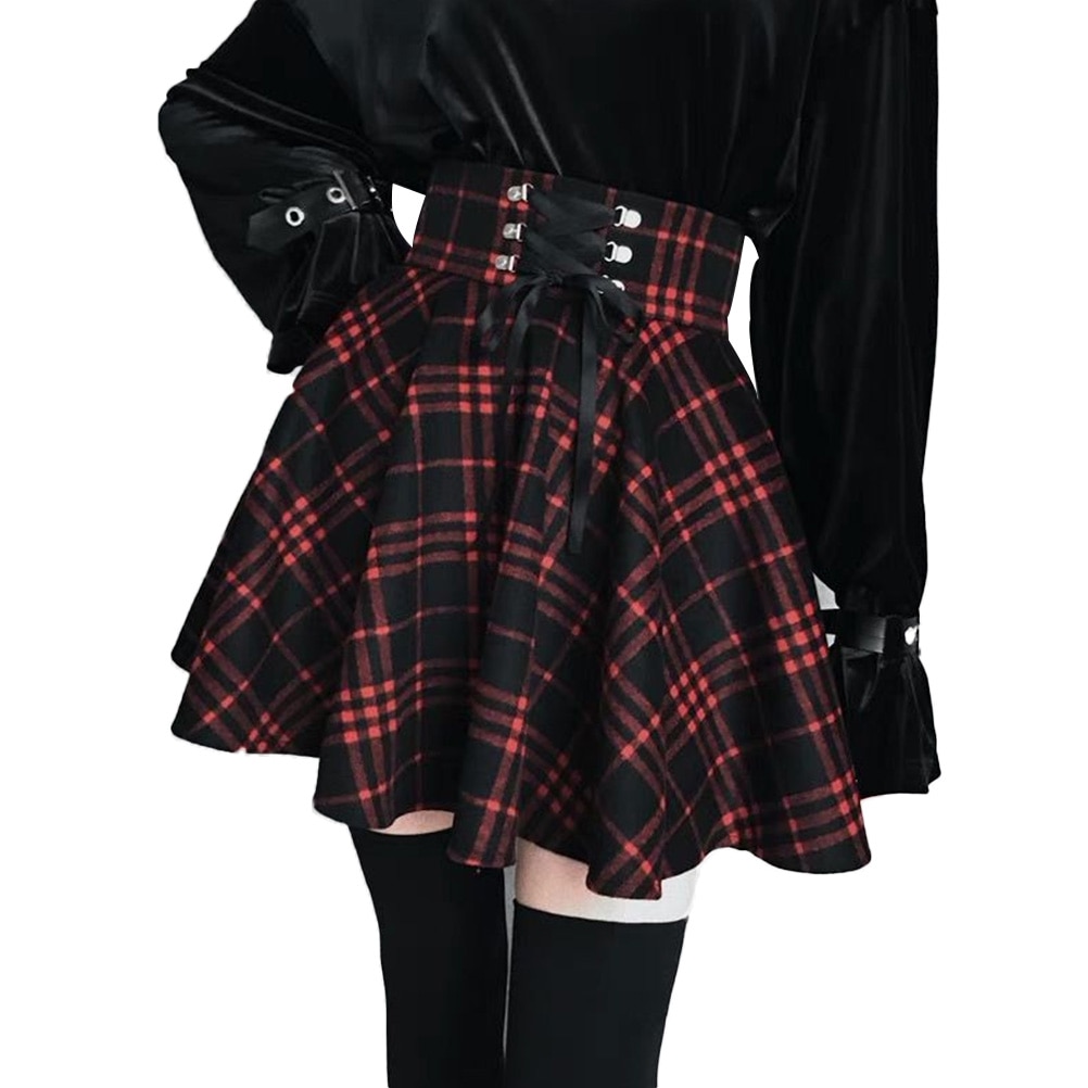 Plaid Lace up High Waist Gothic Skirt 