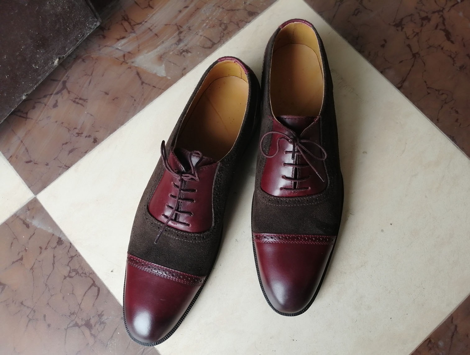 Handmade Brown Burgundy Cap Toe Lace Up Leather Suede Handmade Brown Burgundy Cap Toe Lace Up Leather Suede
