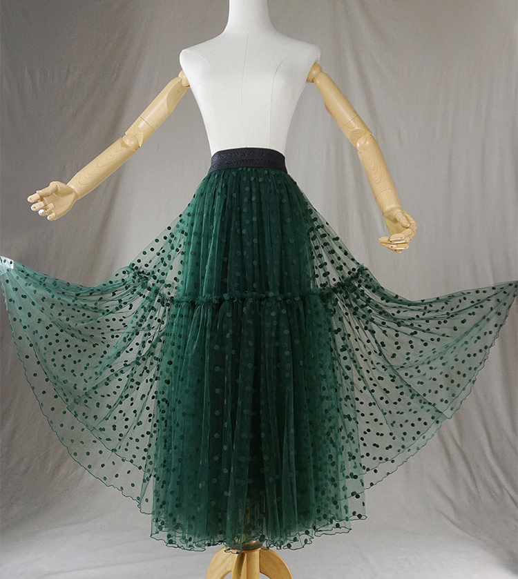 Women DARK GREEN Tulle Skirt Polka Dot Midi Tulle Skirt Dark Green Dot ...