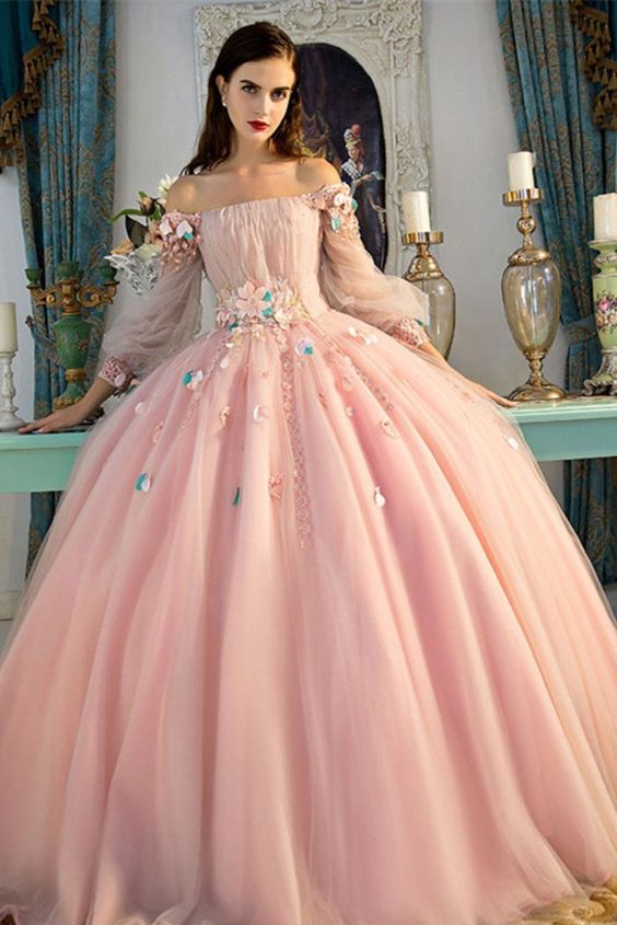 long sleeve pink ball gown