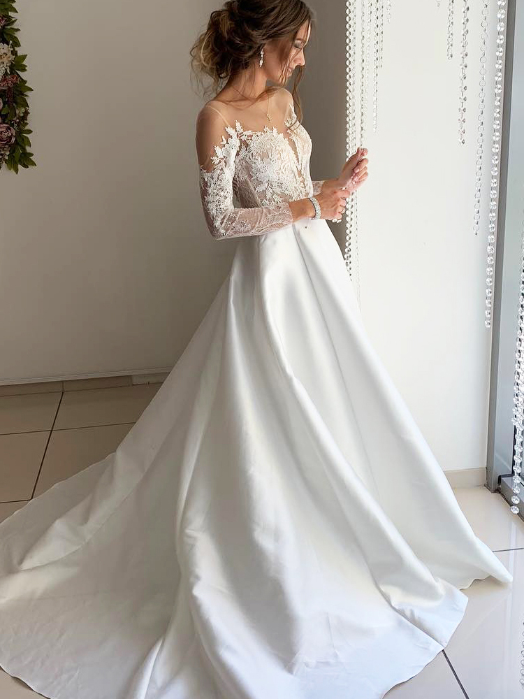 long sleeve lace and silk wedding dress