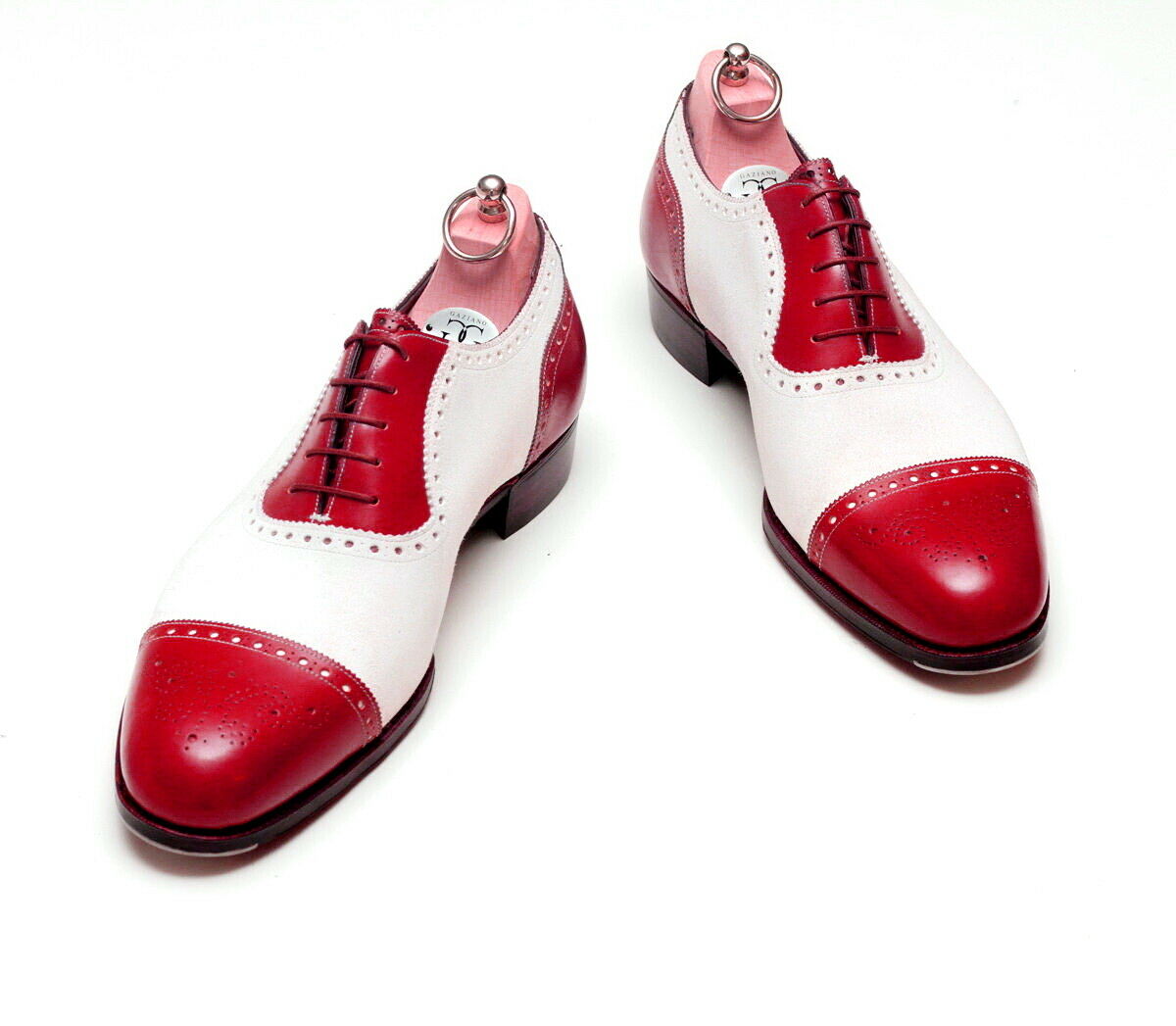 Men Red White Oxford Full Brogue Cap Toe Genuine Leather Spectator