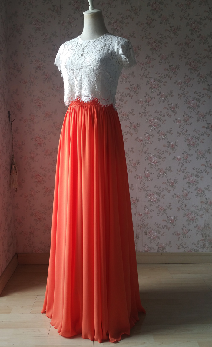 Red Orange Maxi Skirt Chiffon Floor Length Skirt. Red Orange Bridesmaid Skirt Long Evening Skirt