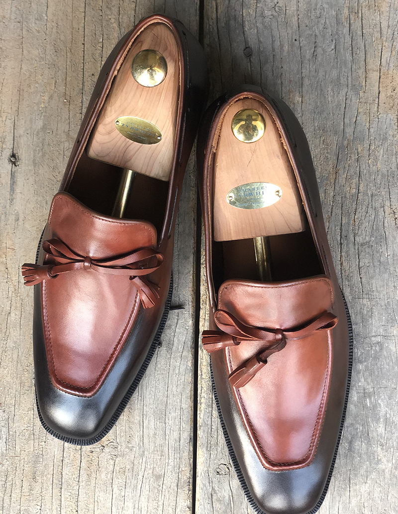 Handmade Brown and Black Leather Tussle Loafer Shoes for Handmade Brown and Black Leather Tussle Loafer Shoes for