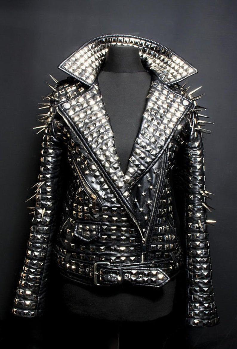 Handmade Women Black Fashion Studded Punk Style Leather Jacket on Storenvy