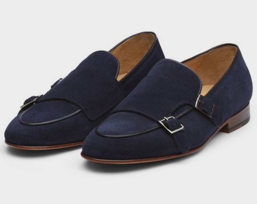 Handmade Elegant Navy Blue Suede Double Monk Strap Mens Loafers