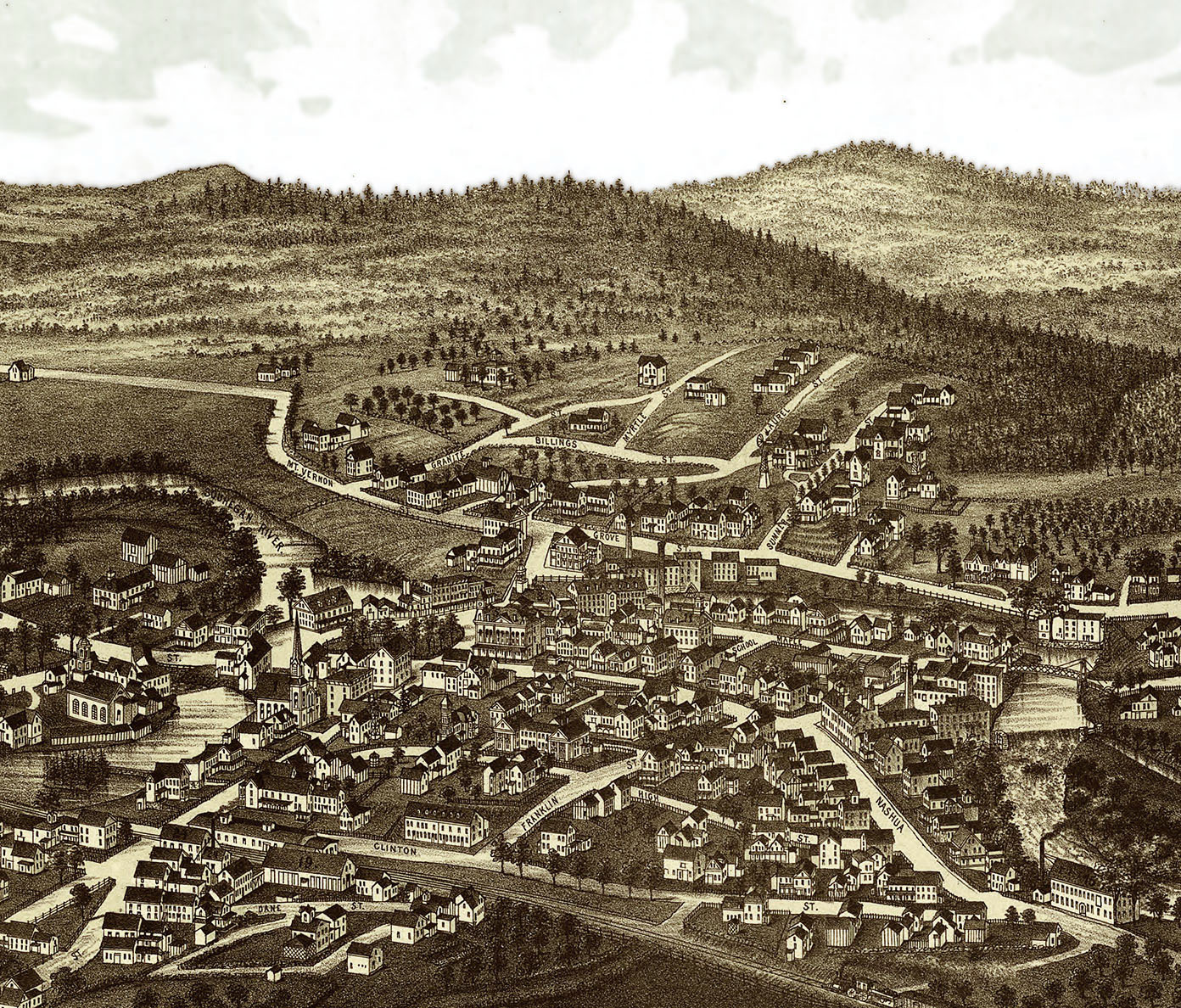 Milford, NH in 1886 Bird's Eye View Map, Aerial map, Panorama map, Vintage map, Antique map